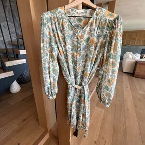 Floral Button-Front Mini Dress with Tie Waist - Cream & Green